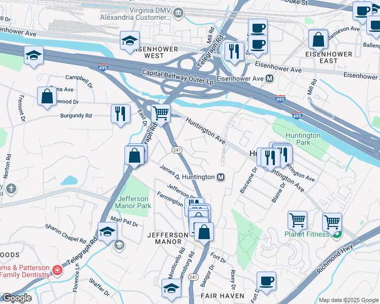 map of restaurants, bars, coffee shops, grocery stores, and more near 2630 Fort Farnsworth Road in Alexandria