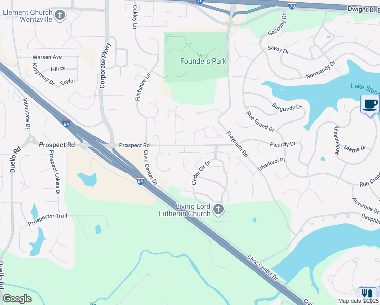 map of restaurants, bars, coffee shops, grocery stores, and more near Prospect Place Drive in Lake Saint Louis