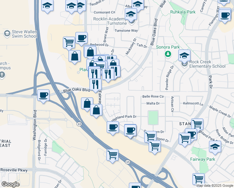 map of restaurants, bars, coffee shops, grocery stores, and more near 8717 Cortina Circle in Roseville