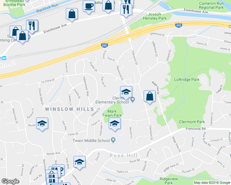 map of restaurants, bars, coffee shops, grocery stores, and more near 4616 Upland Drive in Alexandria