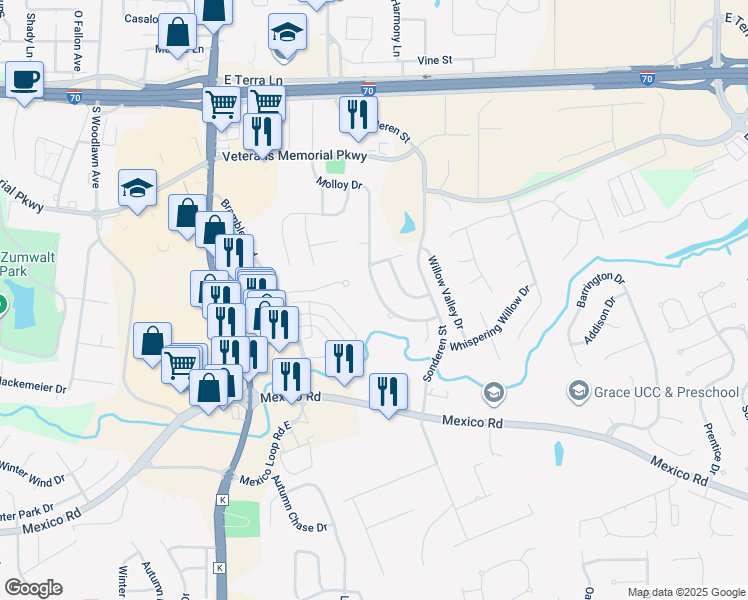 map of restaurants, bars, coffee shops, grocery stores, and more near 925 Molloy Drive in O'Fallon