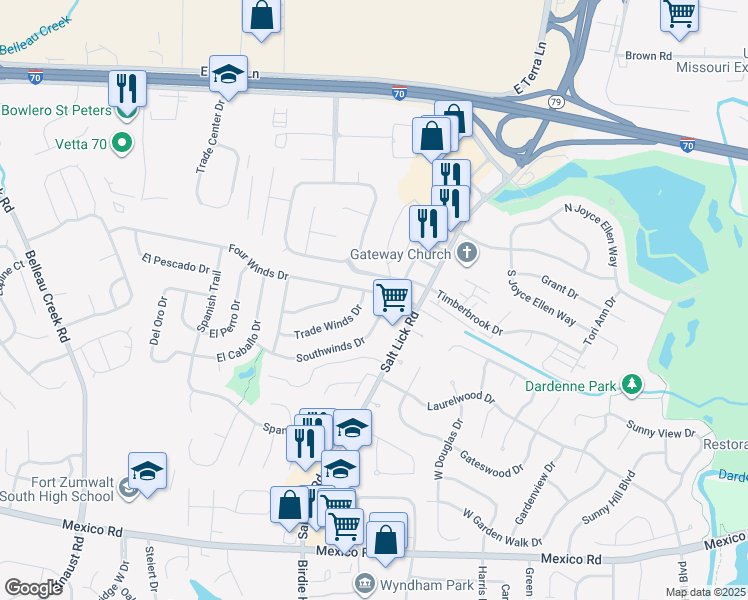 map of restaurants, bars, coffee shops, grocery stores, and more near 6 Four Winds Drive in St. Peters