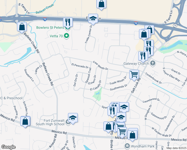 map of restaurants, bars, coffee shops, grocery stores, and more near 102 Spanish Trail in St. Peters