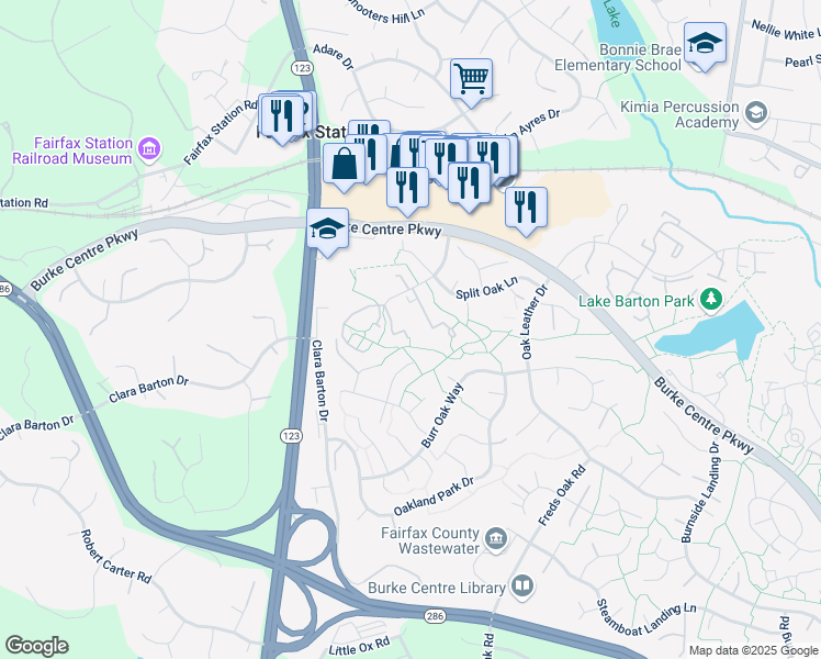 map of restaurants, bars, coffee shops, grocery stores, and more near 5831 Oak Ladder Court in Burke