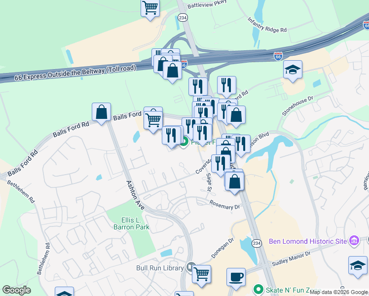 map of restaurants, bars, coffee shops, grocery stores, and more near 7680 Stream Walk Lane in Manassas