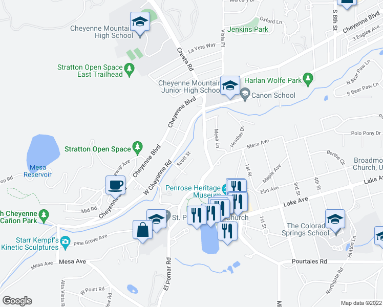 map of restaurants, bars, coffee shops, grocery stores, and more near 5 Scott Street in Colorado Springs