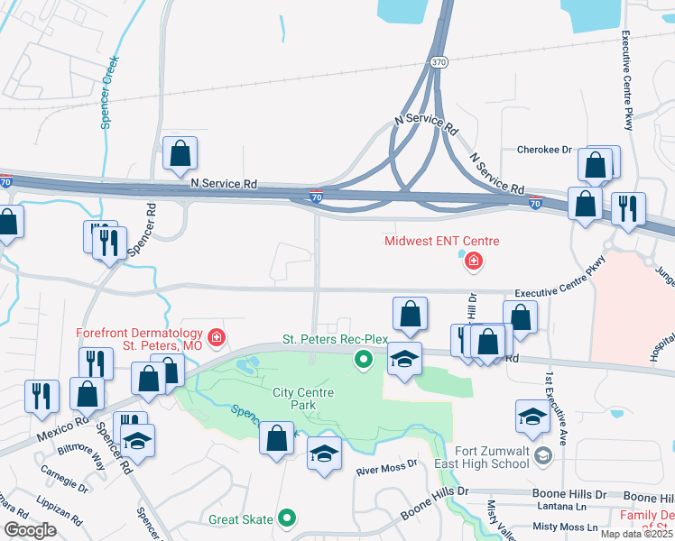 map of restaurants, bars, coffee shops, grocery stores, and more near 5400 Executive Centre Parkway in St. Peters