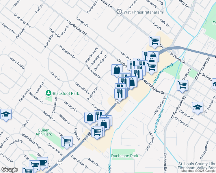 map of restaurants, bars, coffee shops, grocery stores, and more near 753 Thompson Drive in Florissant