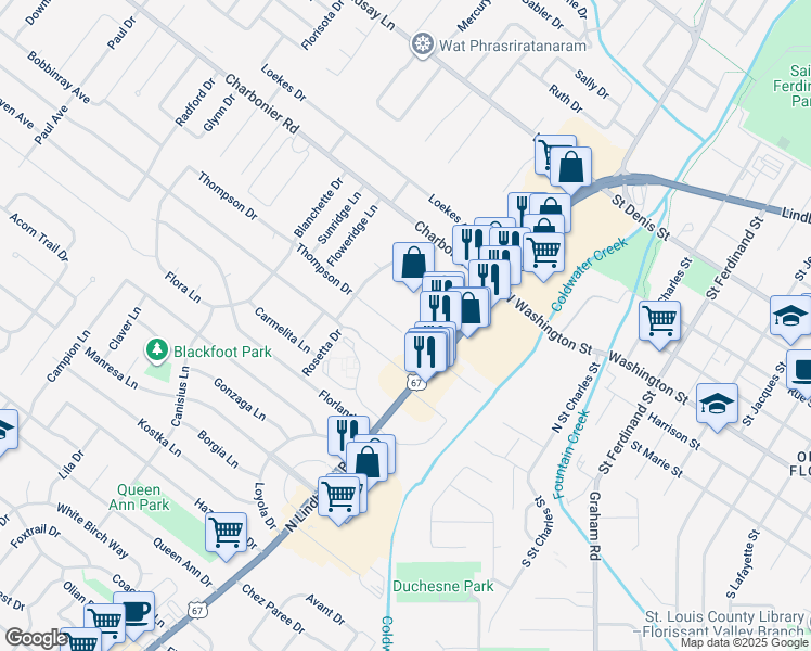 map of restaurants, bars, coffee shops, grocery stores, and more near 626 Rosetta Drive in Florissant
