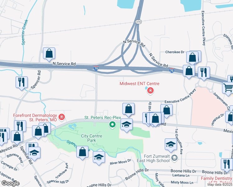 map of restaurants, bars, coffee shops, grocery stores, and more near 5300 Executive Centre Parkway in St. Peters
