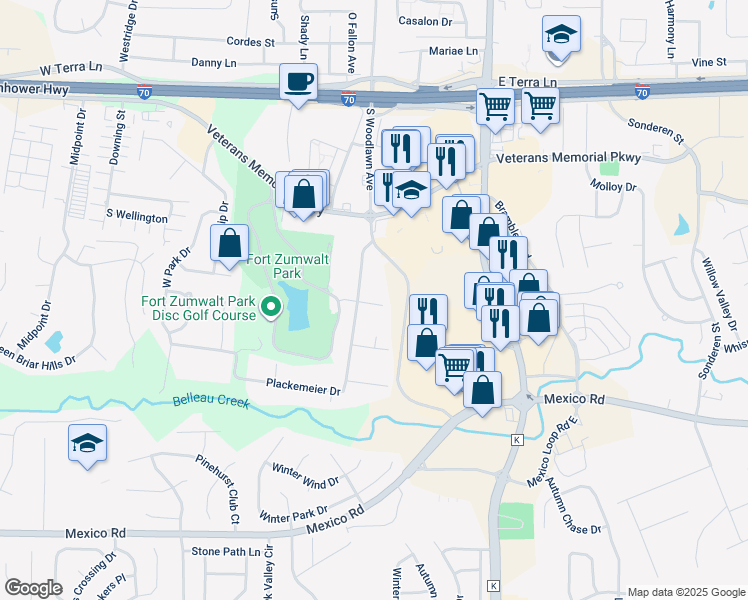 map of restaurants, bars, coffee shops, grocery stores, and more near 16 Plackemeier Drive in O'Fallon