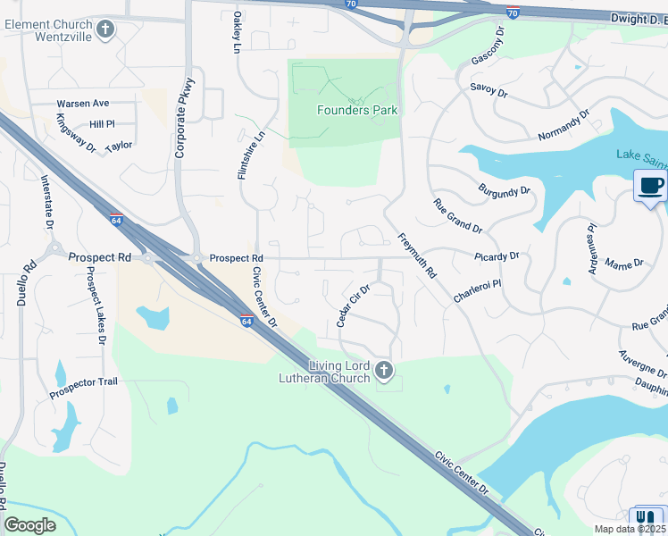 map of restaurants, bars, coffee shops, grocery stores, and more near 1601 Prospect Village Drive in Lake Saint Louis