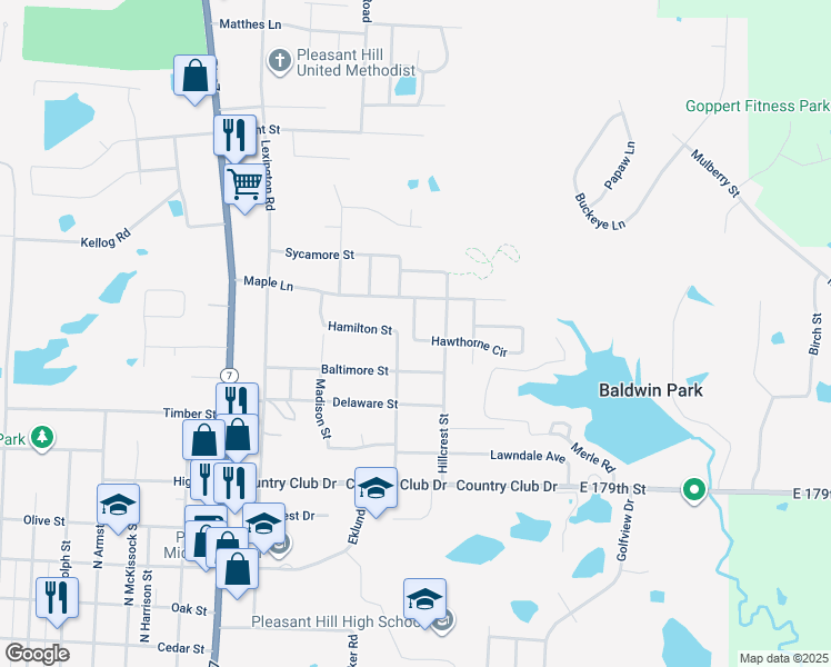map of restaurants, bars, coffee shops, grocery stores, and more near 909 Hillcrest Street in Pleasant Hill