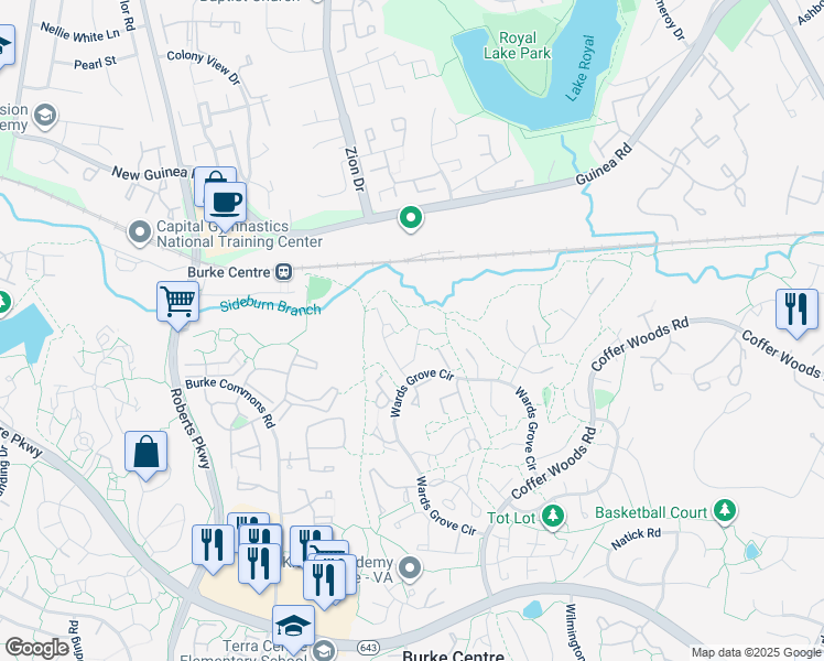map of restaurants, bars, coffee shops, grocery stores, and more near 10116 Walnut Wood Court in Burke