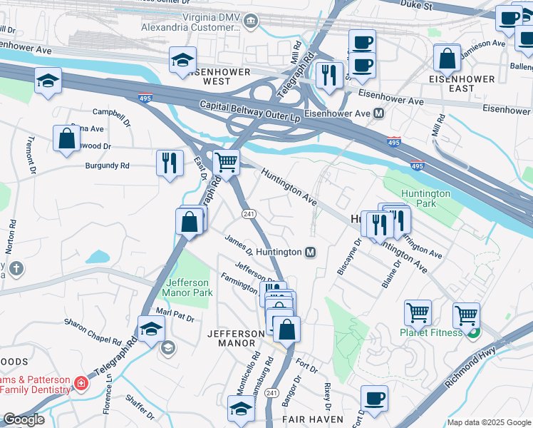 map of restaurants, bars, coffee shops, grocery stores, and more near 2630 Fort Farnsworth Road in Alexandria