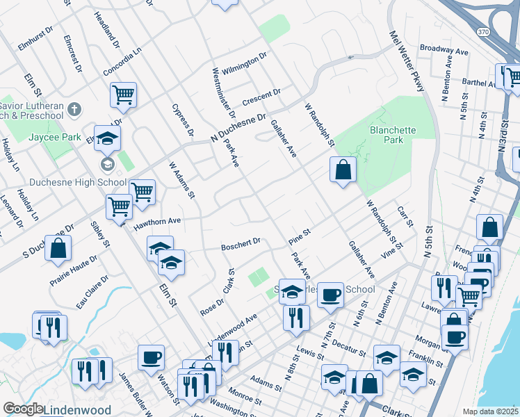 map of restaurants, bars, coffee shops, grocery stores, and more near 2109 Park Avenue in Saint Charles