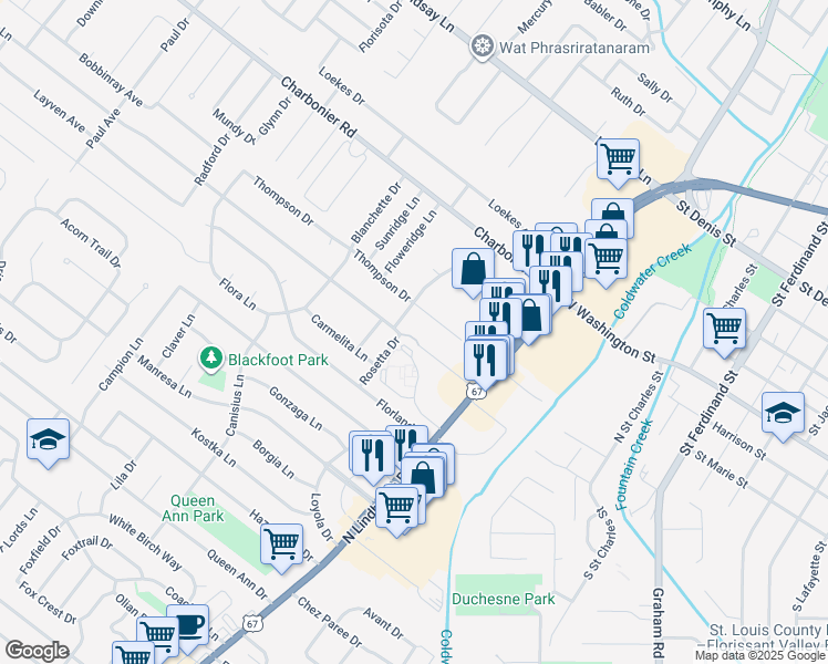 map of restaurants, bars, coffee shops, grocery stores, and more near 704 Materdie Lane in Florissant