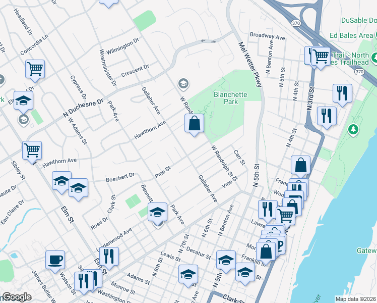 map of restaurants, bars, coffee shops, grocery stores, and more near 1005 Pine Street in St. Charles