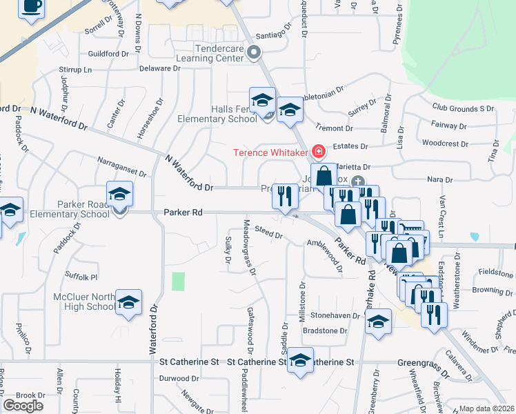 map of restaurants, bars, coffee shops, grocery stores, and more near 3135 Parker Road in Florissant