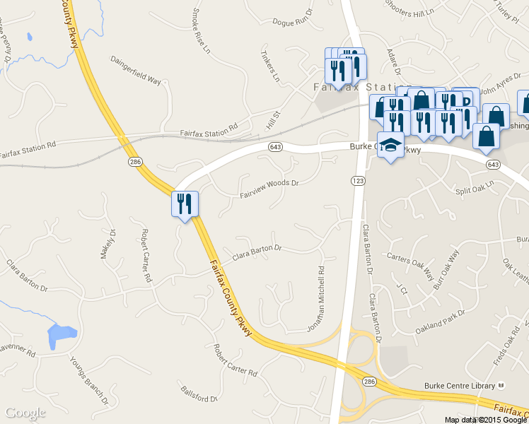 map of restaurants, bars, coffee shops, grocery stores, and more near 5828 Hannora Lane in Fairfax Station