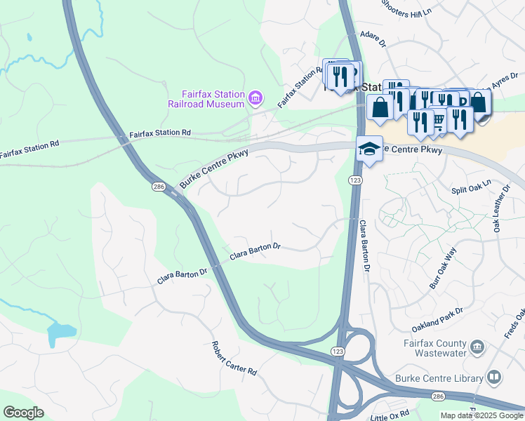 map of restaurants, bars, coffee shops, grocery stores, and more near 5828 Hannora Lane in Fairfax Station