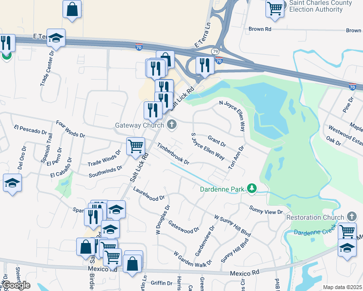 map of restaurants, bars, coffee shops, grocery stores, and more near 21 Spring Song Court in St. Peters