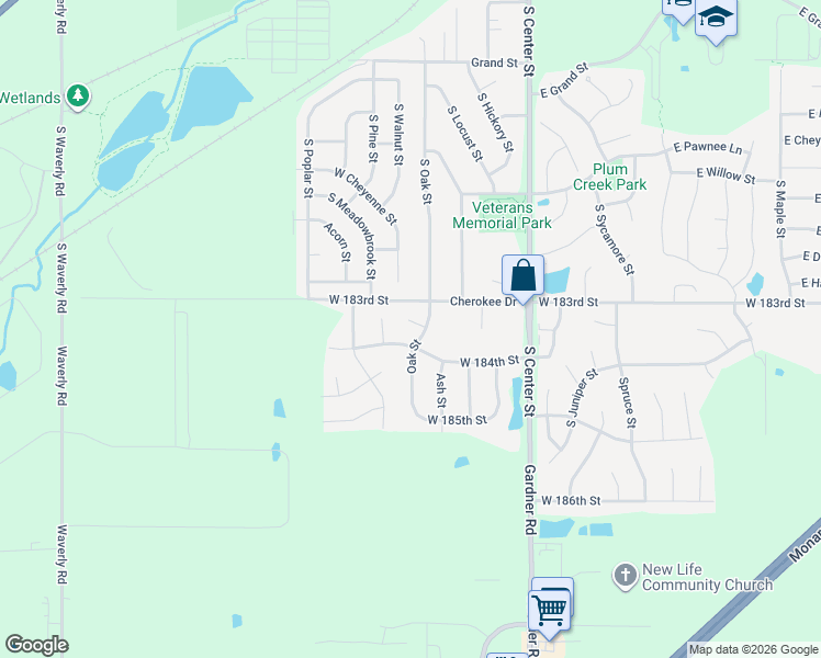 map of restaurants, bars, coffee shops, grocery stores, and more near 18308 Oak Street in Gardner