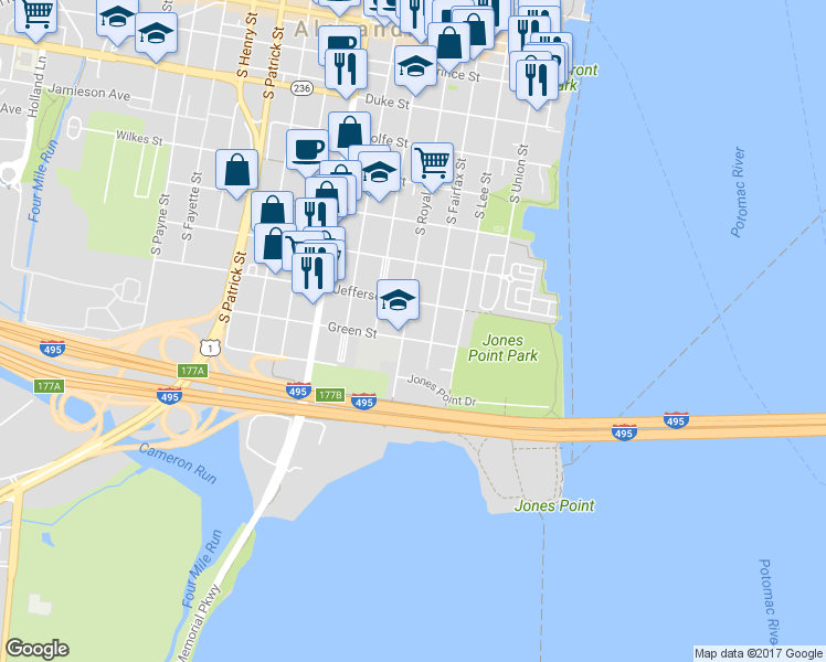 map of restaurants, bars, coffee shops, grocery stores, and more near 828 South Royal Street in Alexandria