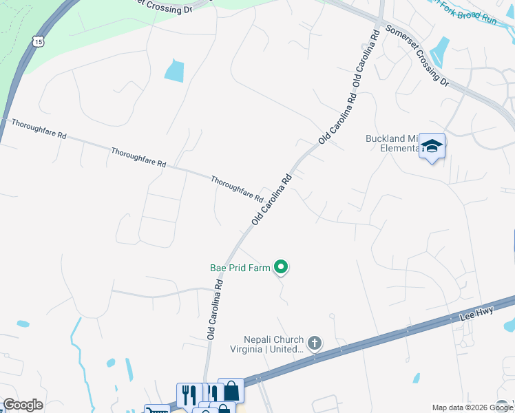 map of restaurants, bars, coffee shops, grocery stores, and more near 15301 Thoroughfare Road in Gainesville