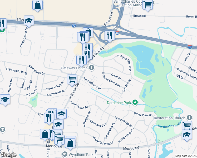map of restaurants, bars, coffee shops, grocery stores, and more near 21 Spring Song Court in St. Peters
