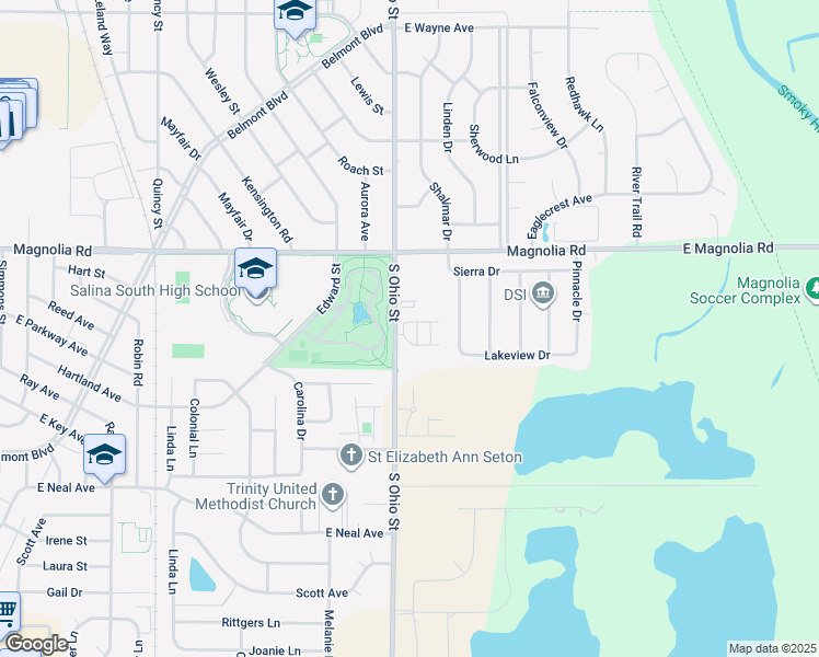 map of restaurants, bars, coffee shops, grocery stores, and more near 2504 Ambassador Drive in Salina