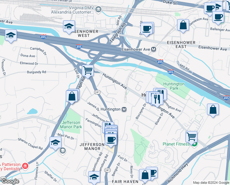 map of restaurants, bars, coffee shops, grocery stores, and more near 2618 Redcoat Drive in Alexandria