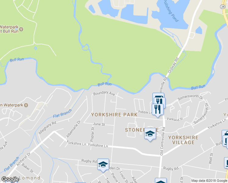 map of restaurants, bars, coffee shops, grocery stores, and more near 7422 Boundary Avenue in Manassas
