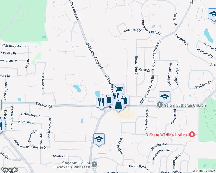 map of restaurants, bars, coffee shops, grocery stores, and more near 1 Nordell Court in Florissant