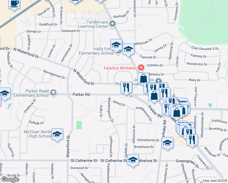 map of restaurants, bars, coffee shops, grocery stores, and more near 3135 Parker Road in Florissant
