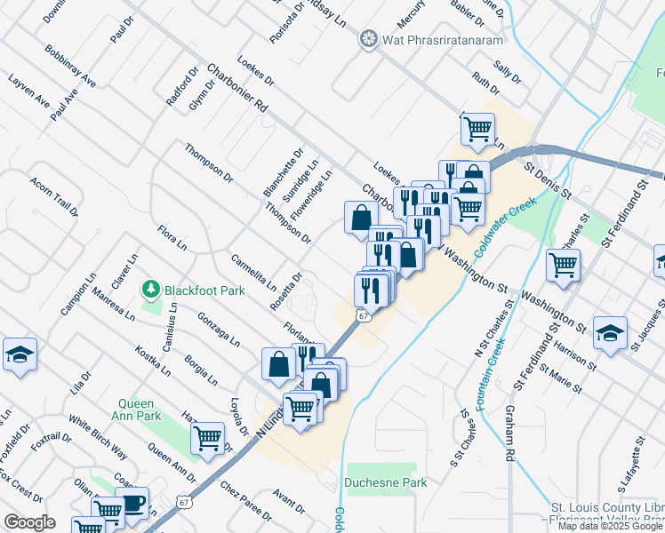 map of restaurants, bars, coffee shops, grocery stores, and more near 753 Thompson Drive in Florissant