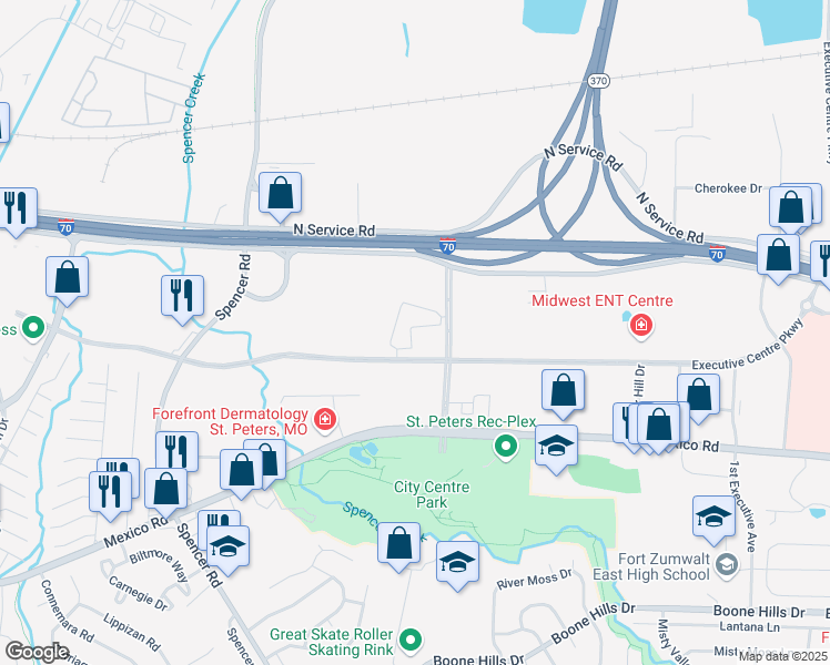 map of restaurants, bars, coffee shops, grocery stores, and more near 100 Viva Bene Circle in St. Peters