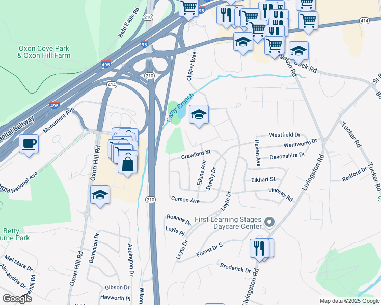 map of restaurants, bars, coffee shops, grocery stores, and more near 716 Crawford Street in Oxon Hill