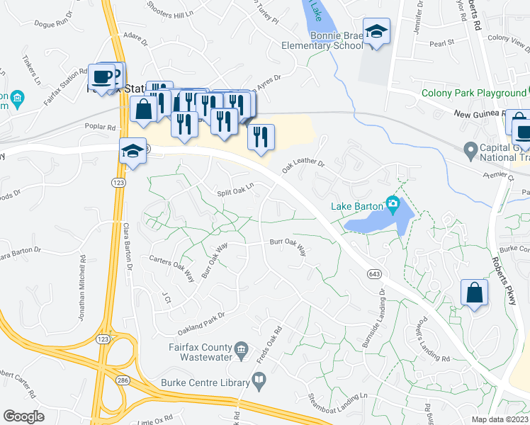 map of restaurants, bars, coffee shops, grocery stores, and more near 5707 Oak Leather Drive in Burke