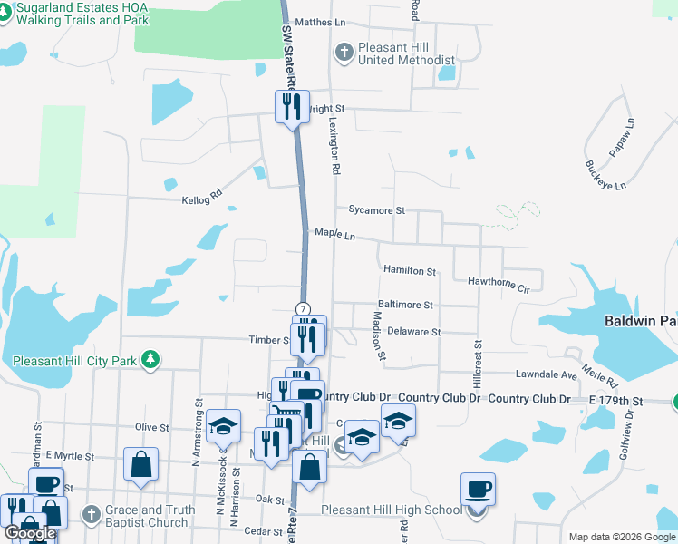 map of restaurants, bars, coffee shops, grocery stores, and more near 808 Lexington Road in Pleasant Hill