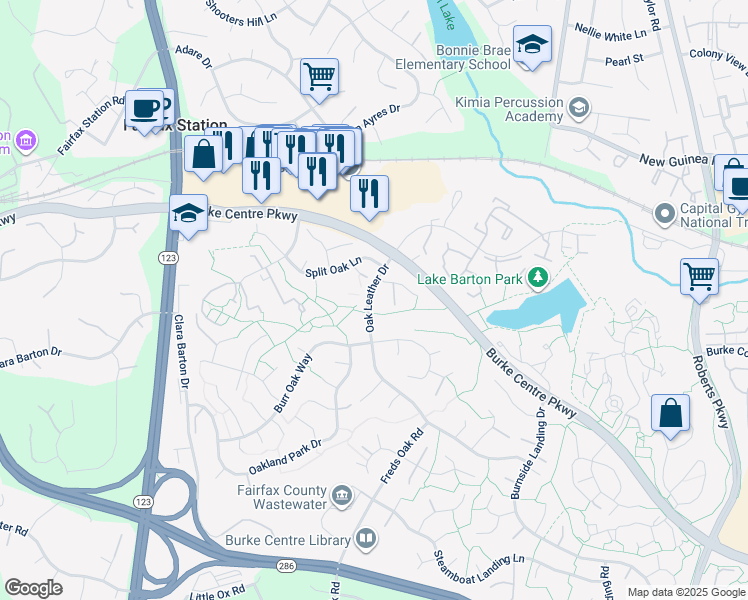 map of restaurants, bars, coffee shops, grocery stores, and more near 5707 Oak Leather Drive in Burke