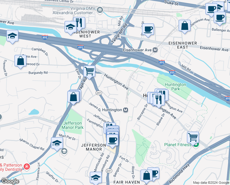 map of restaurants, bars, coffee shops, grocery stores, and more near 2620 Redcoat Drive in Alexandria