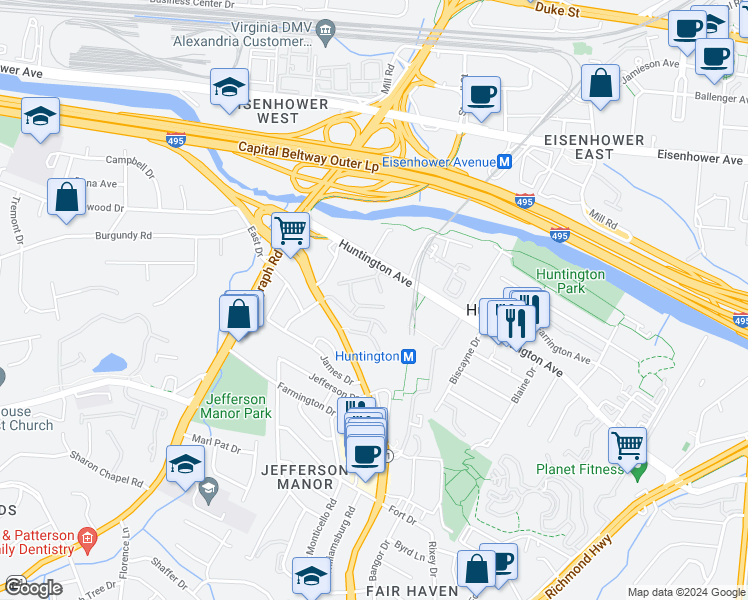 map of restaurants, bars, coffee shops, grocery stores, and more near 2618 Redcoat Drive in Alexandria