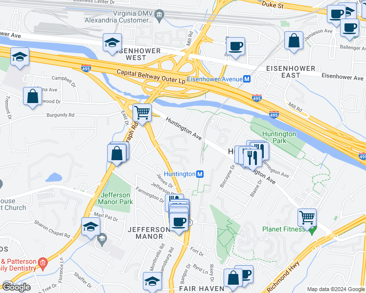 map of restaurants, bars, coffee shops, grocery stores, and more near 2622 Redcoat Drive in Alexandria