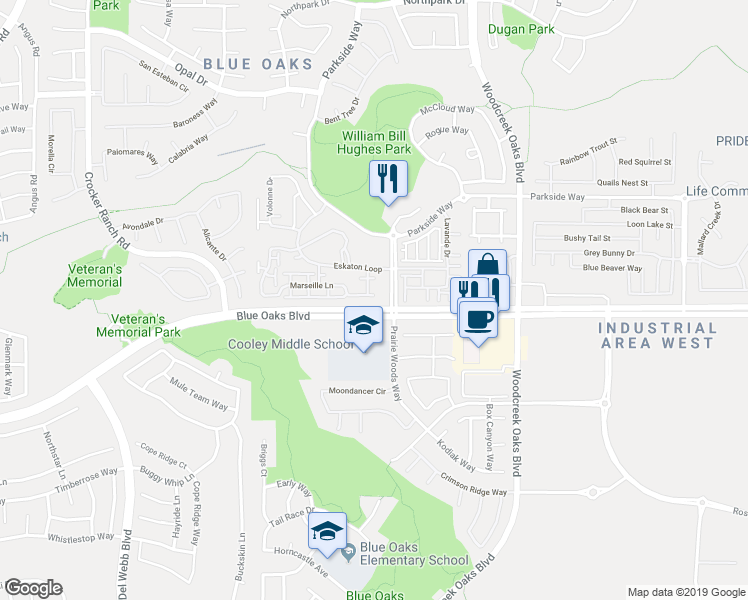 map of restaurants, bars, coffee shops, grocery stores, and more near 1049 Marseille Lane in Roseville