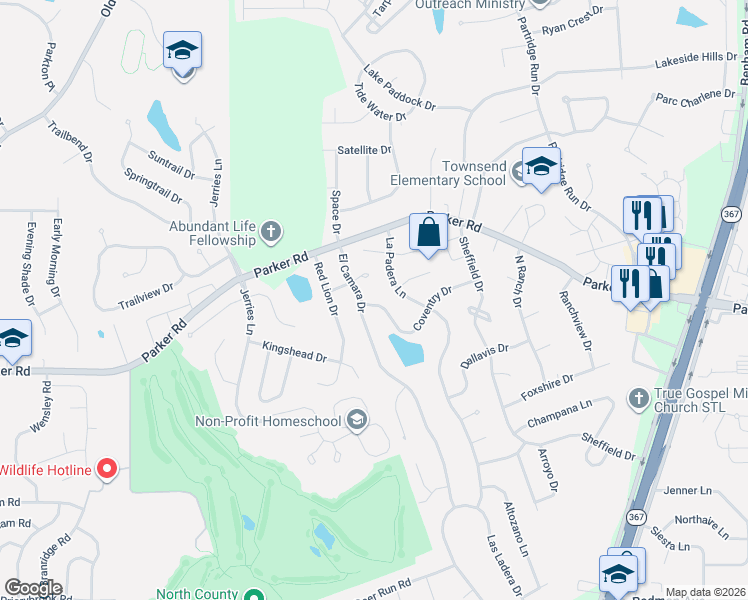 map of restaurants, bars, coffee shops, grocery stores, and more near 12118 El Camara Drive in Florissant
