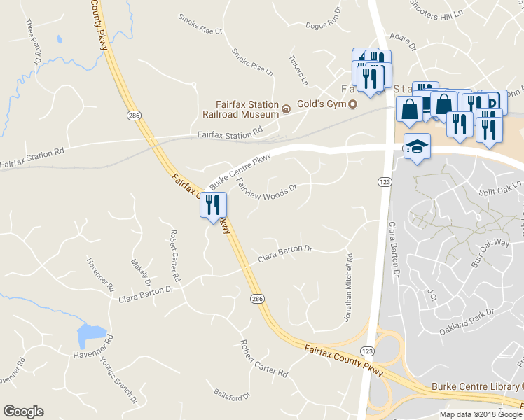 map of restaurants, bars, coffee shops, grocery stores, and more near 5933 Fairview Woods Drive in Fairfax Station