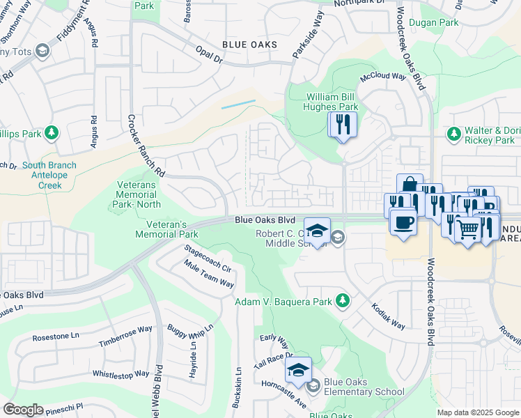 map of restaurants, bars, coffee shops, grocery stores, and more near 1473 Marseille Lane in Roseville