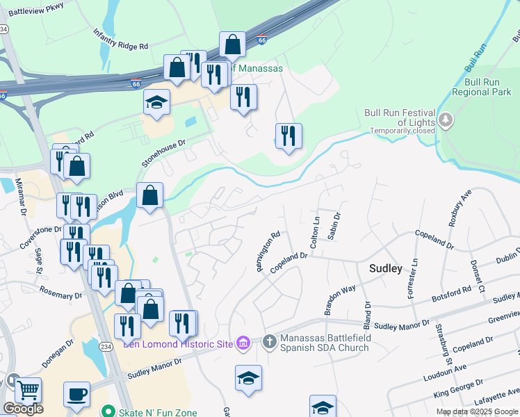 map of restaurants, bars, coffee shops, grocery stores, and more near 7371 Emerald Drive in Manassas