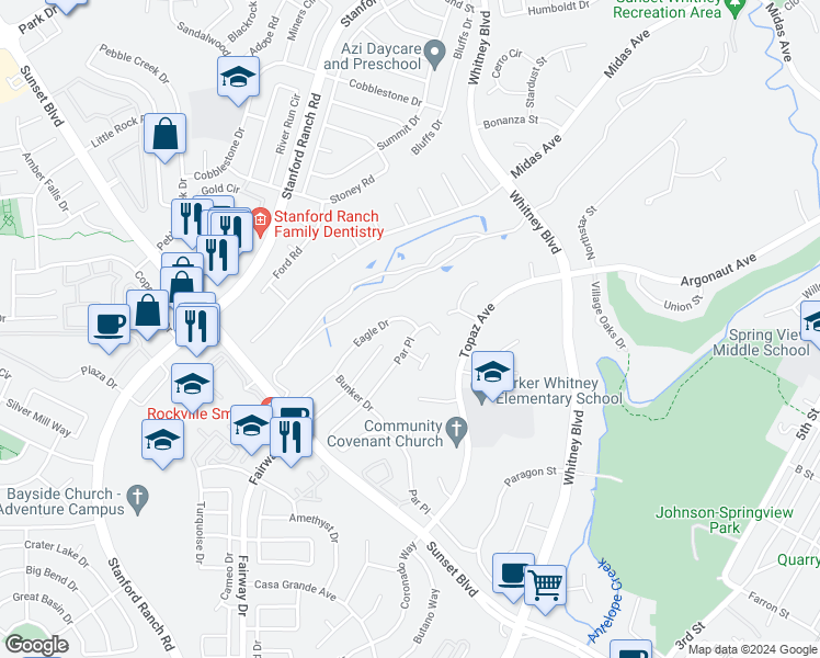 map of restaurants, bars, coffee shops, grocery stores, and more near 2201 Eagle Drive in Rocklin